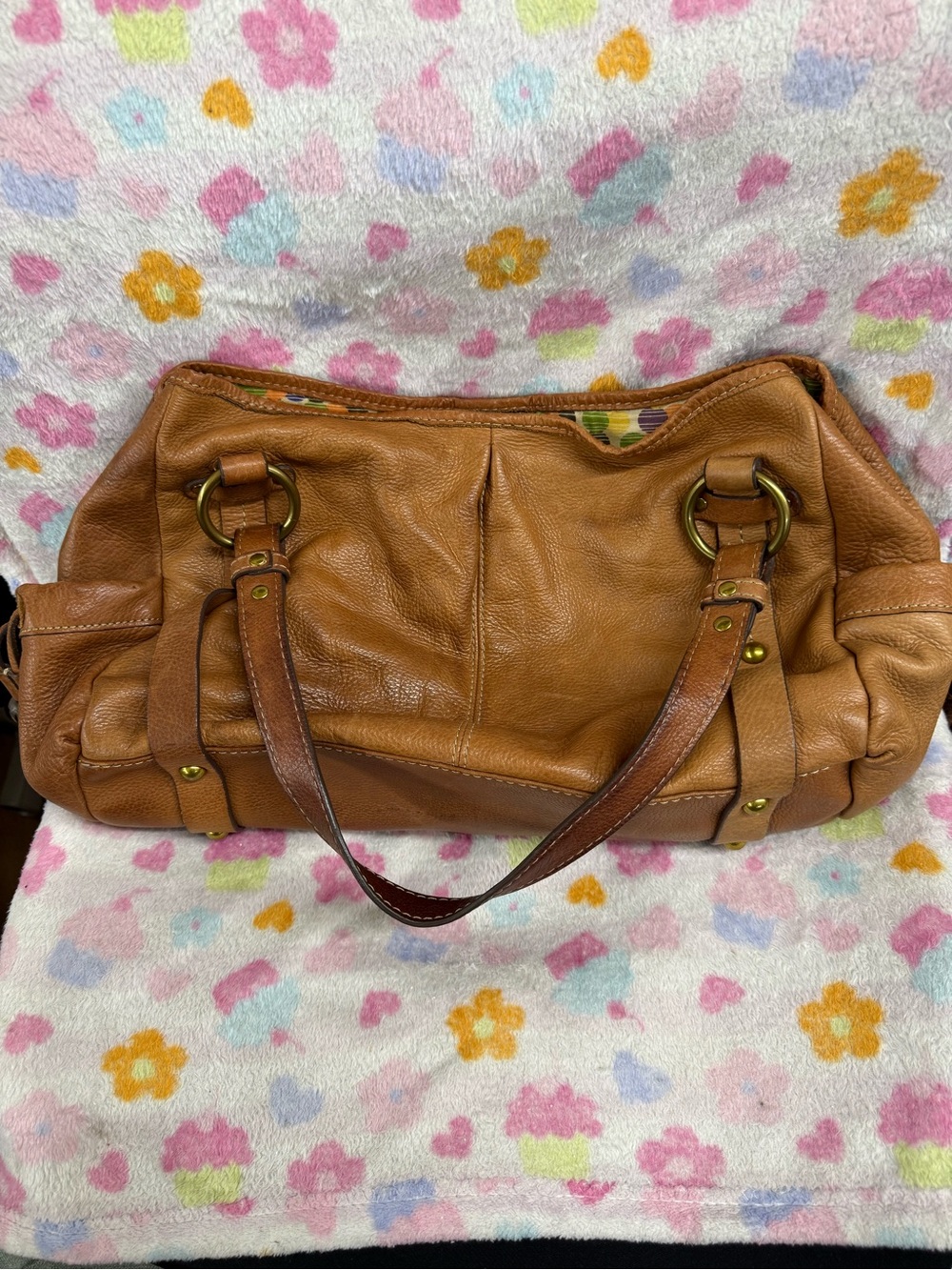 Fossil vintage Maddox Cognac Brown Leather Satchel Bag with Brass Hardware - Picture 2 of 3